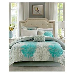 Madison Park Essentials Maible Reversible 9-Pc. Floral Comforter Set KING - Aqua